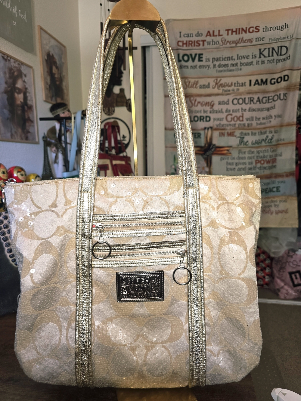 Coach Metallic Beige Canvas Tote Bag with Gold Trim